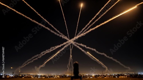 Spectacular display of nighttime illumination rockets piercing through the dark sky over city