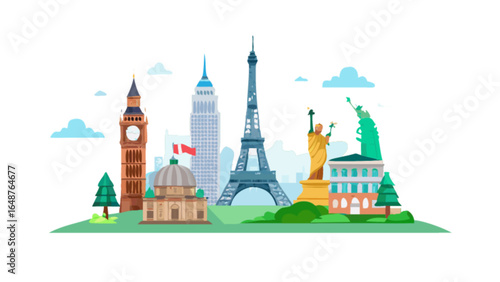 World travel landmarks illustration vector design big ben eiffel tower statue of liberty empire state building