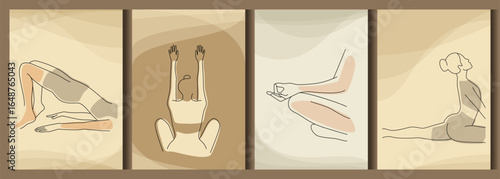 Set of posters with women practicing yoga. Healthy lifestyle. Vector illustration.