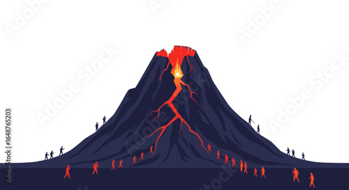 People climbing and escaping a vibrant volcano eruption for corporate risk management concept