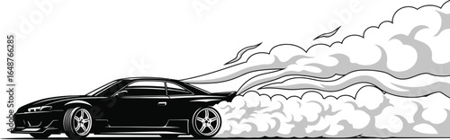 A black car is drifting with smoke coming from the tires isolated on white background