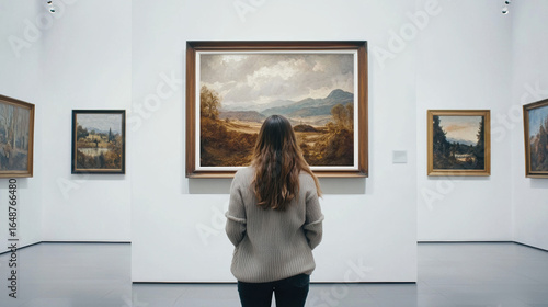 A woman viewing a large landscape white-framed picture in an art museum with white walls and a gray floor. High-resolution, crisp, detailed. 