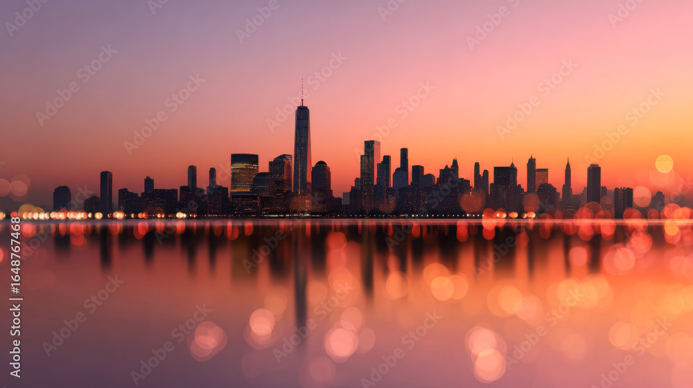 Fototapeta premium Modern city skyline reflecting on water at sunset with vibrant colors and silhouettes