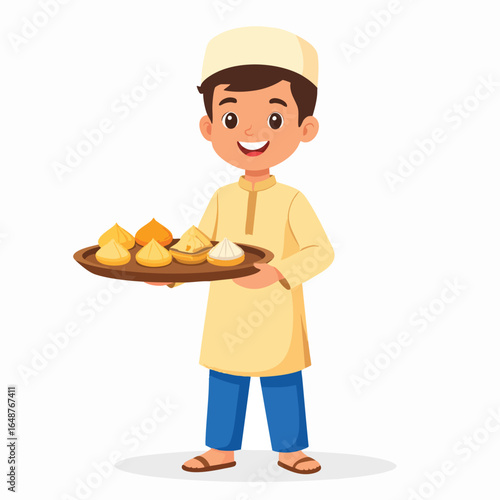 A smiling young boy in traditional attire holds a tray of various pastries.