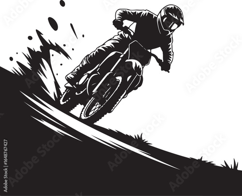 Motocross rider speeds downhill kicking up dirt, pure adrenaline action
