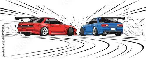 Two drifting cars facing each other, showcasing the speed and skill of motorsports isolated on white background