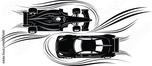 Top view of a formula one race car and a sports car isolated on white background