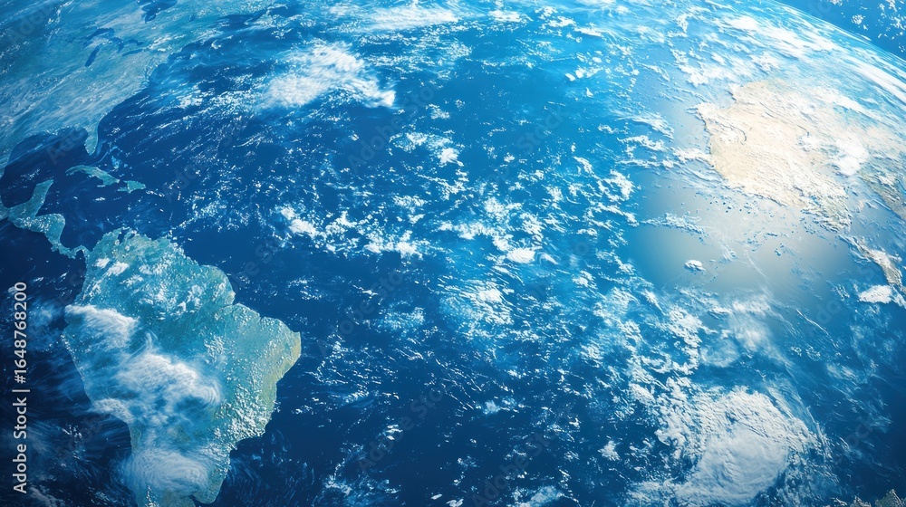 Fototapeta premium A vast expanse of blue ocean with white clouds scattered across it, viewed from space.