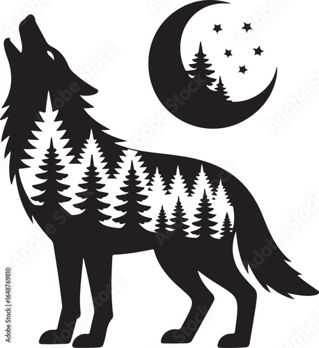 Wolf howling at moon with forest silhouette, night spirit