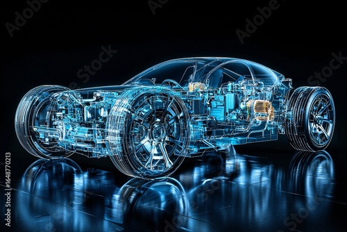 A conceptual illustration of a transparent, high-tech car showcasing its intricate internal components and advanced engineering design against a sleek black background.