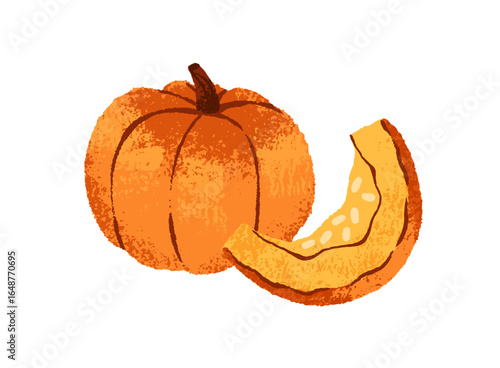 Icon of whole pumpkin with slice. Big orange pumkin. Ripe gourd, raw sweet squash. Vegetable, healthy farm food, agriculture harvest. Flat isolated hand drawn vector illustration on white background.
