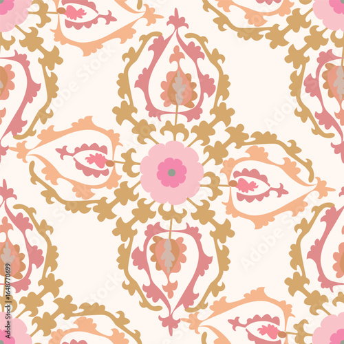 Seamless Uzbek Suzani pattern with colorful floral and geometric motifs. Inspired by Central Asian textile traditions, this ornamental design is perfect for fabric printing, wallpaper, gift wrap