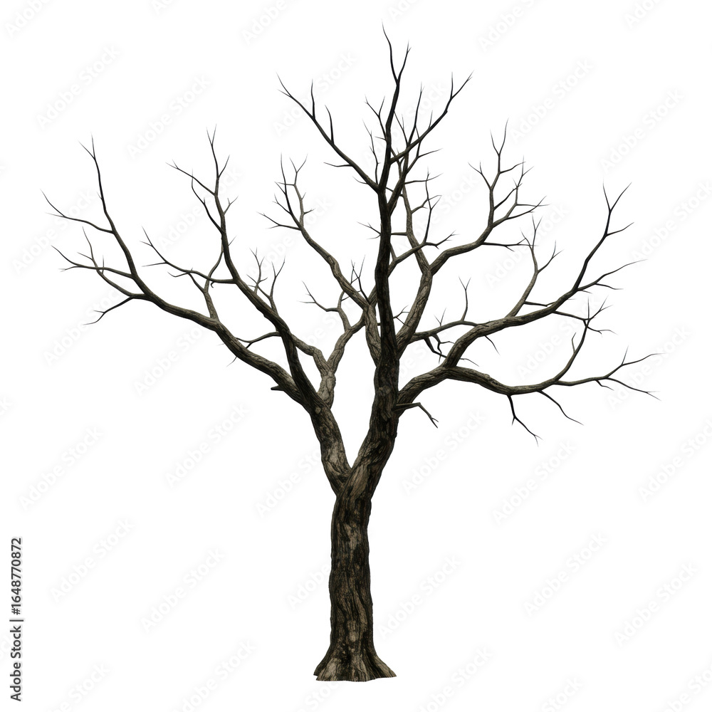 Fototapeta premium Ancient gnarled dead tree with twisted skeletal branches and rugged dark bark, isolated against a pure transparent plain background, ultra realistic UHD photo, high contrast and sharp focus,