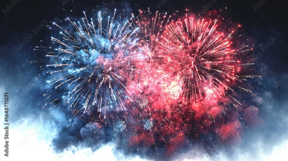 Fototapeta premium Spectacular Red and Blue Fireworks Display Against Starry Night Sky