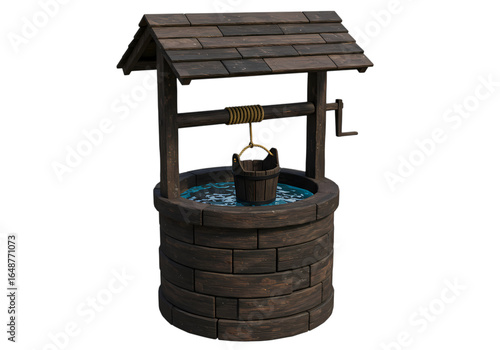 Rustic Wishing Well Garden Decor: Stone and Wood Construction isolated on transparent background