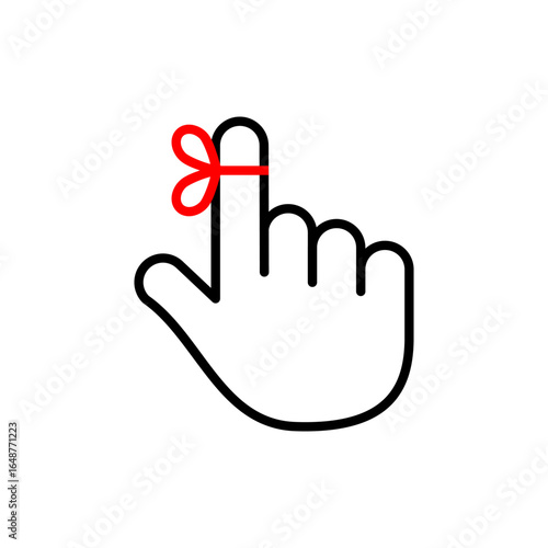 Ribbon on finger as a reminder line icon. Hand with a knot tied around index finger. Memory, important tasks, appointments symbol. Not forgetting significant responsibilities. Vector illustration. 