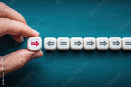 Hand holding a small, light-colored cube with a red arrow, positioned next to a row of similar cubes with various arrows