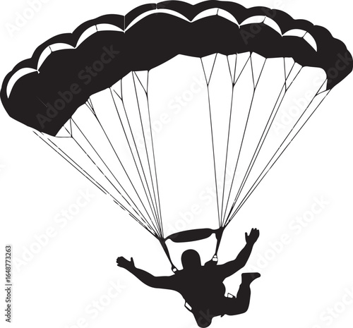 Skydiver descending with parachute, soaring through the air