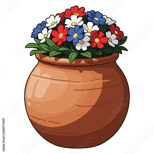 Vibrant Flower Pot Arrangement with Red White and Blue Blooms for Patriotic Designs