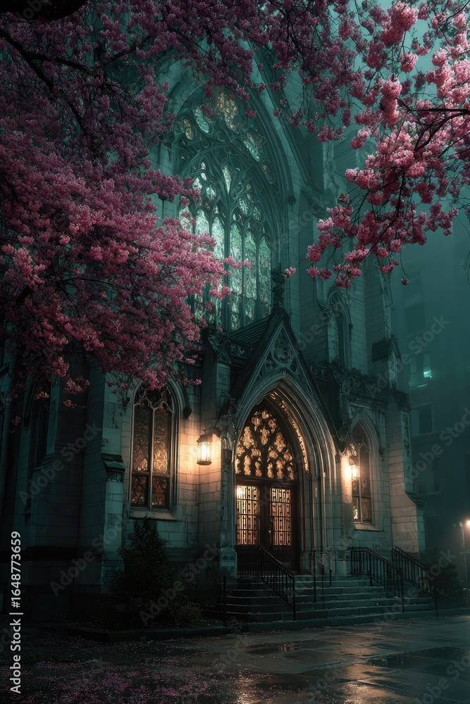 Obraz premium Ethereal Building with Blooming Trees