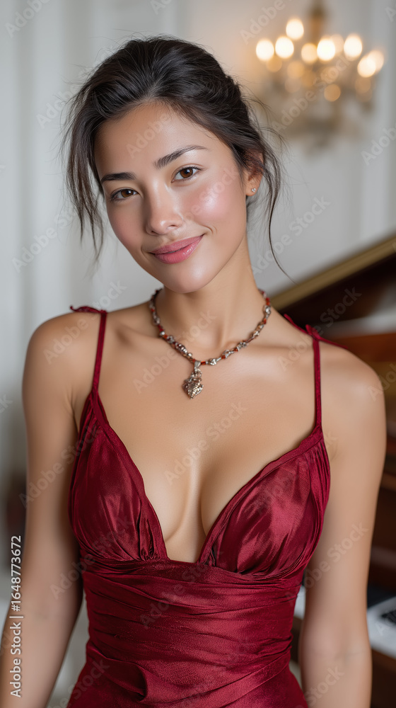 Fototapeta premium Brunette in red satin dress with chandelier bokeh