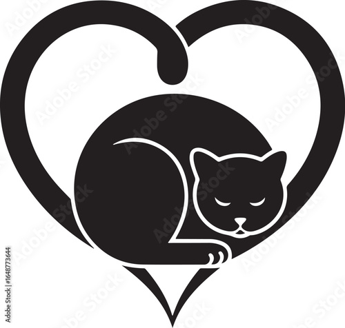 Black cat sleeps peacefully inside a stylized heart icon