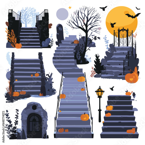 Halloween Basement Stairs isolated in White background, silhouette Set, Halloween theme, Vector illustration