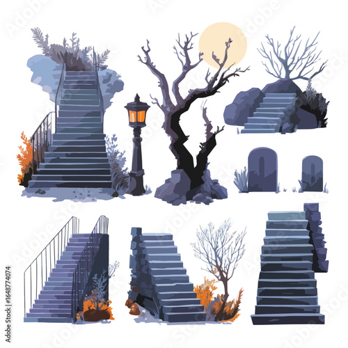 Halloween Basement Stairs isolated in White background, silhouette Set, Halloween theme, Vector illustration