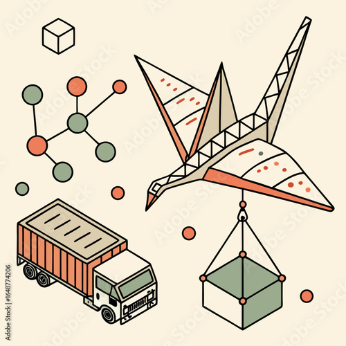 Scope 3 Emissions Logistics Emissions Crane with Constellation Particles (Scope 3 Vector, Low-Poly)