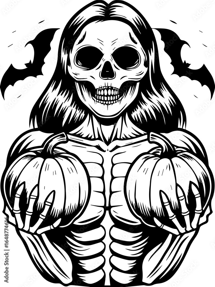 Fototapeta premium SVG of a Halloween-themed Grim Reaper wearing a hooded cloak. Skeleton Woman Holding Pumpkins in Spooky Halloween Scene