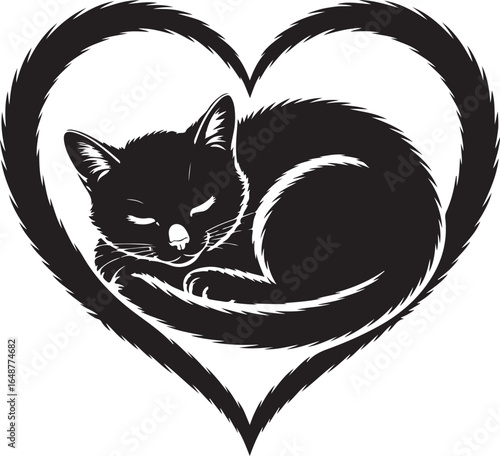 Black cat sleeps peacefully inside a heart shape outline.