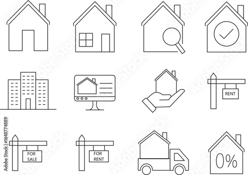 Real Estate and Property Management Line Icon Set.