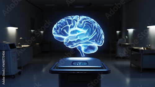 Advanced neurotechnology showing a glowing 3D brain hologram in a lab