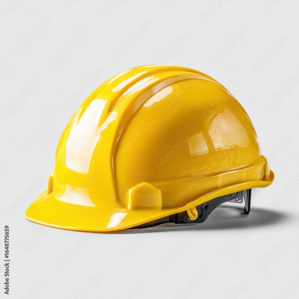 Fototapeta premium Bright yellow safety helmet with adjustable strap and smooth , isolated on a plain background