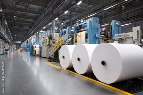 A large printing press facility with stacks of paper rolls An AI system is aligning pages for perfect output The mood feels smooth and dependable, Generative AI 