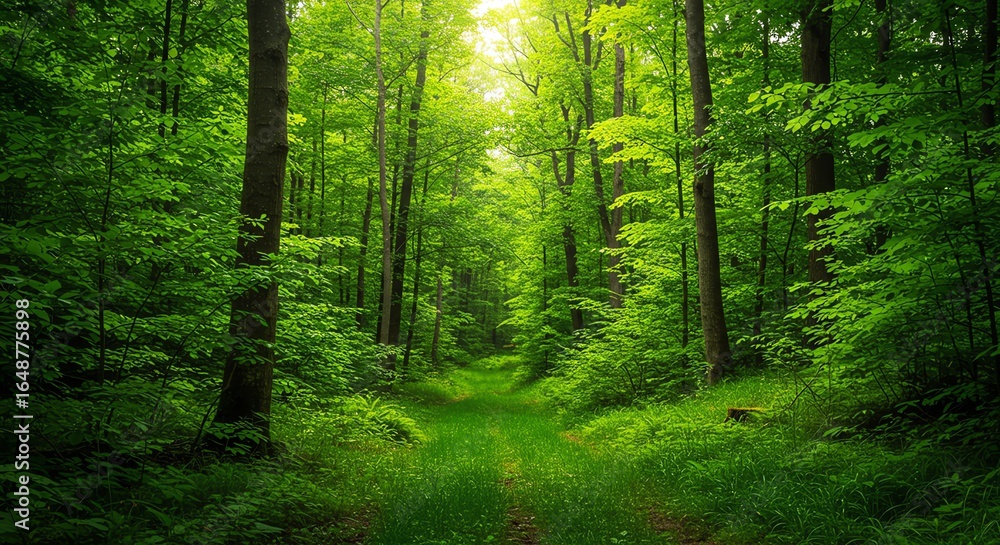 Obraz premium Green forest path sunlight trees foliage