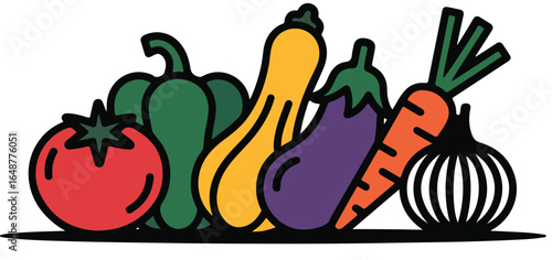Illustrated assortment of fresh vegetables including tomato pepper squash eggplant and onion together