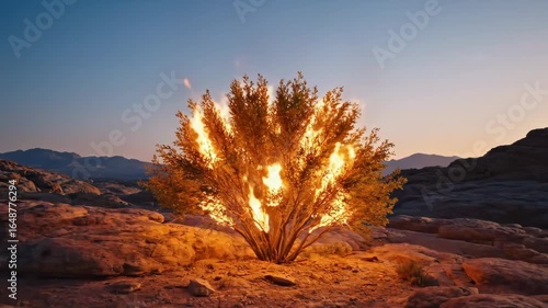 Burning Bush in Desert Landscape at Sunset - A bush engulfed in flames stands in a rocky desert landscape as the sun sets, creating a dramatic and evocative scene.