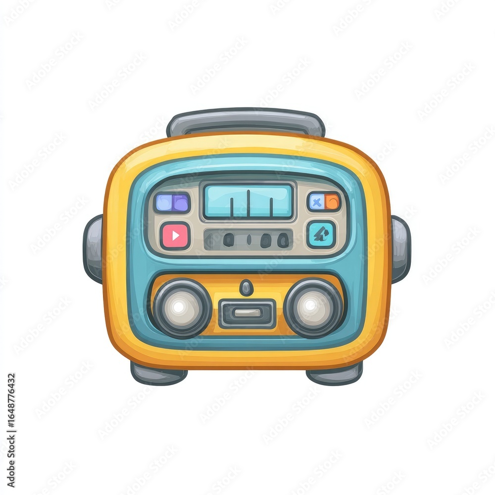 Fototapeta premium Cartoon illustration of a retro-style portable radio. A bright, mustard-yellow radio with teal accents. Features two large speaker grills, control panel with play/pause, volume, and tuning. 