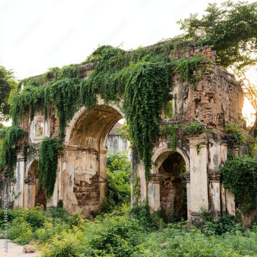 Naklejka premium Ancient Ruin Archway Covered in Green Plants