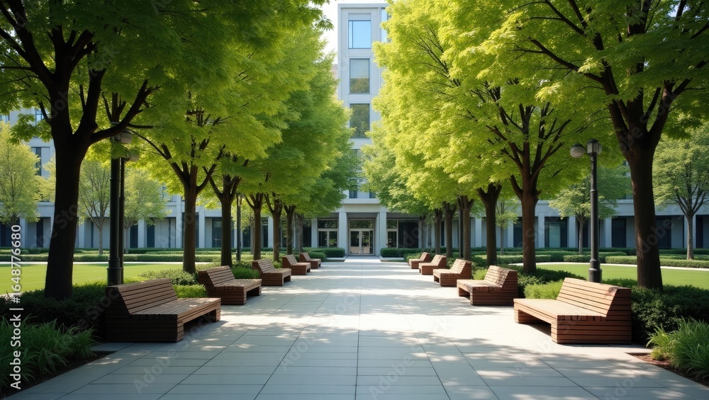 Fototapeta premium Lush green trees line a paved walkway with park benches.