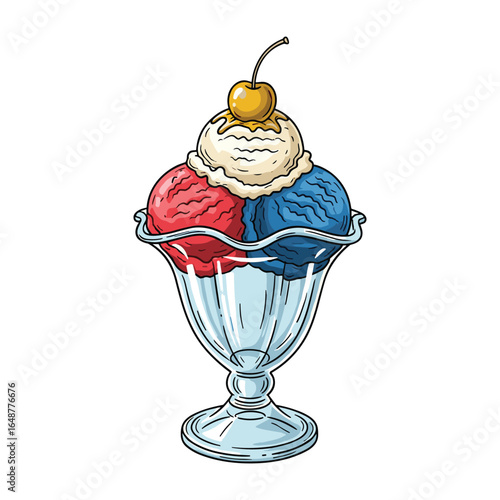Patriotic Ice Cream Sundae with Red White and Blue Scoops for Celebration Design