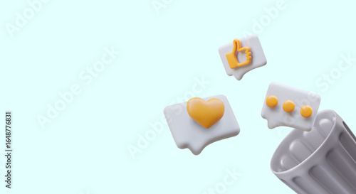 Metal trash can with icons of comments, likes, reactions. Deleting database. Vector concept of memory cleaning. Creative layout on colorful background