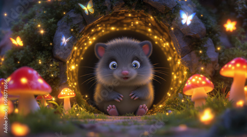 Adorable Fluffy Cartoon Forest Creature Peeking from Magical Glowing Burrow with Enchanted Mushrooms and Sparkling Fireflies in a Whimsical Woodlan...