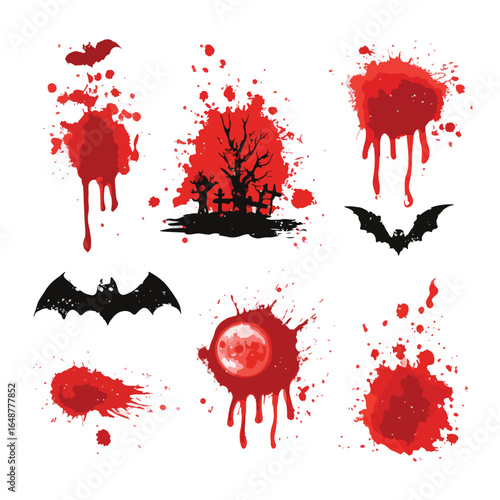 Halloween Blood Splatter isolated in White background, silhouette Set, Halloween theme, Vector illustration