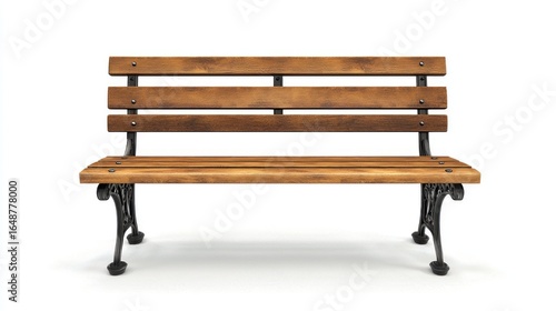 A wooden bench with a wooden backrest and seat, placed against a white background.