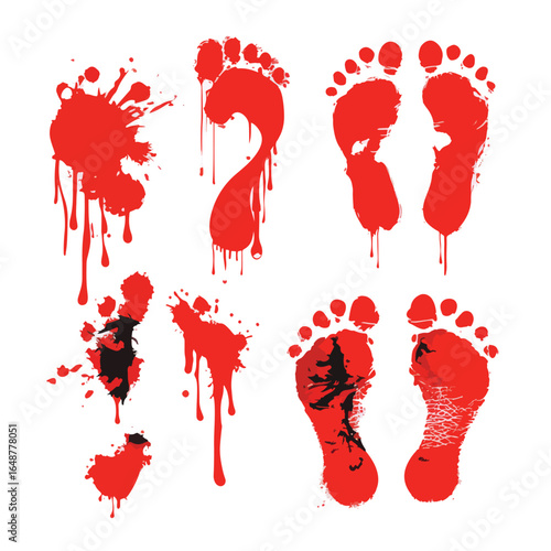 Halloween Bloody Footprints isolated in White background, silhouette Set, Halloween theme, Vector illustration