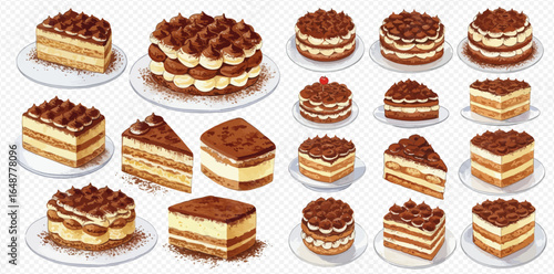 A collection of delicious tiramisu cakes and slices, presented in various sizes and angles, showcasing the layered dessert's texture and rich cocoa topping.