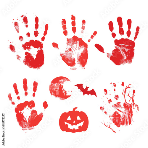 Halloween Bloody Handprint isolated in White background, silhouette Set, Halloween theme, Vector illustration