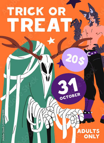 Design of Halloween party for adults only event poster. Advertising template of carnival with spooky costume contest. Promotion layout, flyer of Helloween masquerade. Flat vector illustration.